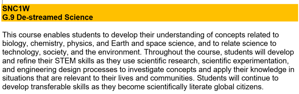 SNC1W course description